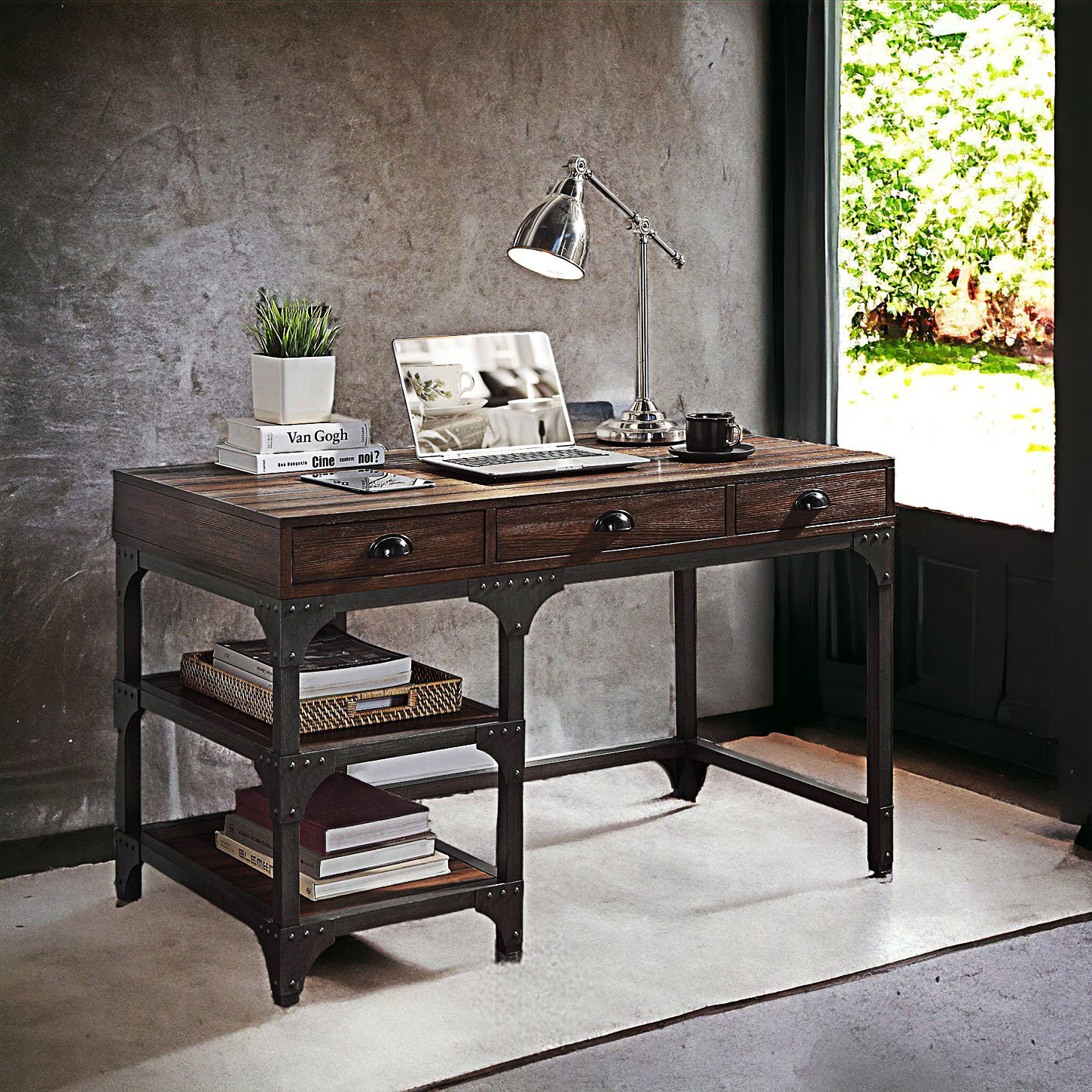 Williston Forge Writing Desk With Three Drawers And Two Open ...