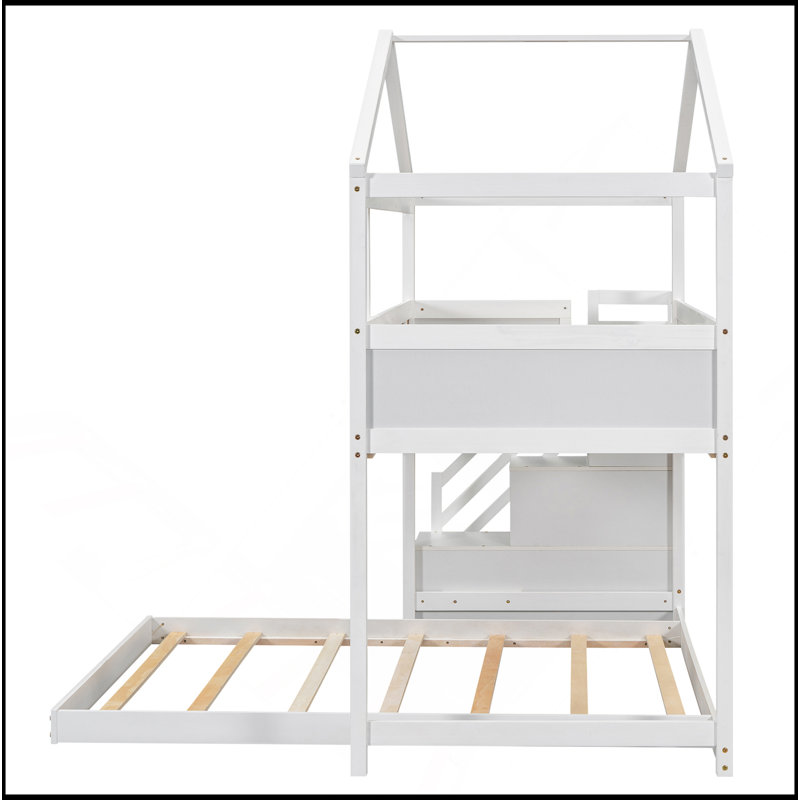 Lit superposé simple au dessus d'une chambre double avec escalier de rangement et tableau noir, Gris