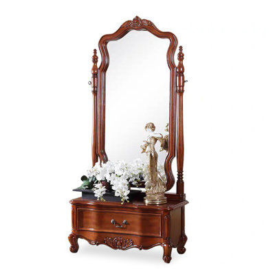 Traditional American Rubberwood Carved Full-Body Standing Mirror with Drawer