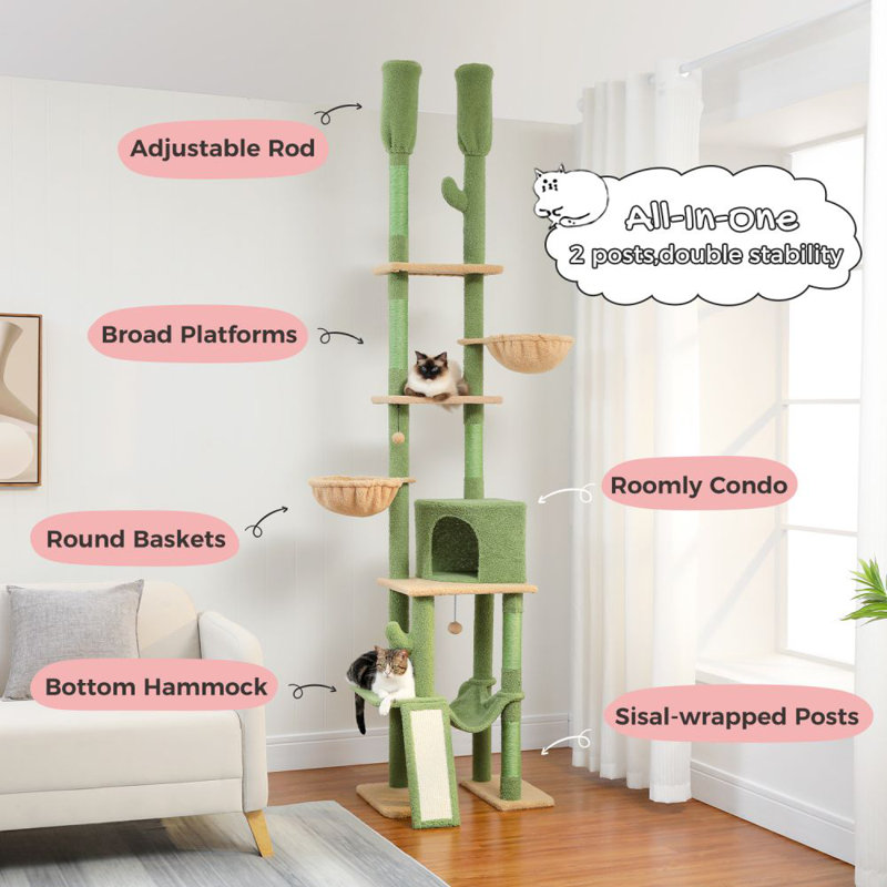 Dylann 112'' Hight Cat Tree Floor to Ceiling Cat Tower with Adjustable Height(85-112 Inches), 7 Tiers Climbing Activity Centre with Cozy Hammocks, 5 Platforms and Scratching Posts for Indoor Cats