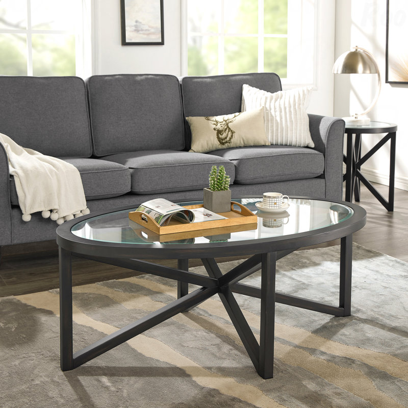 Table basse Mid-Century ovale en verre trempé, table d'appoint Cross X Poplar