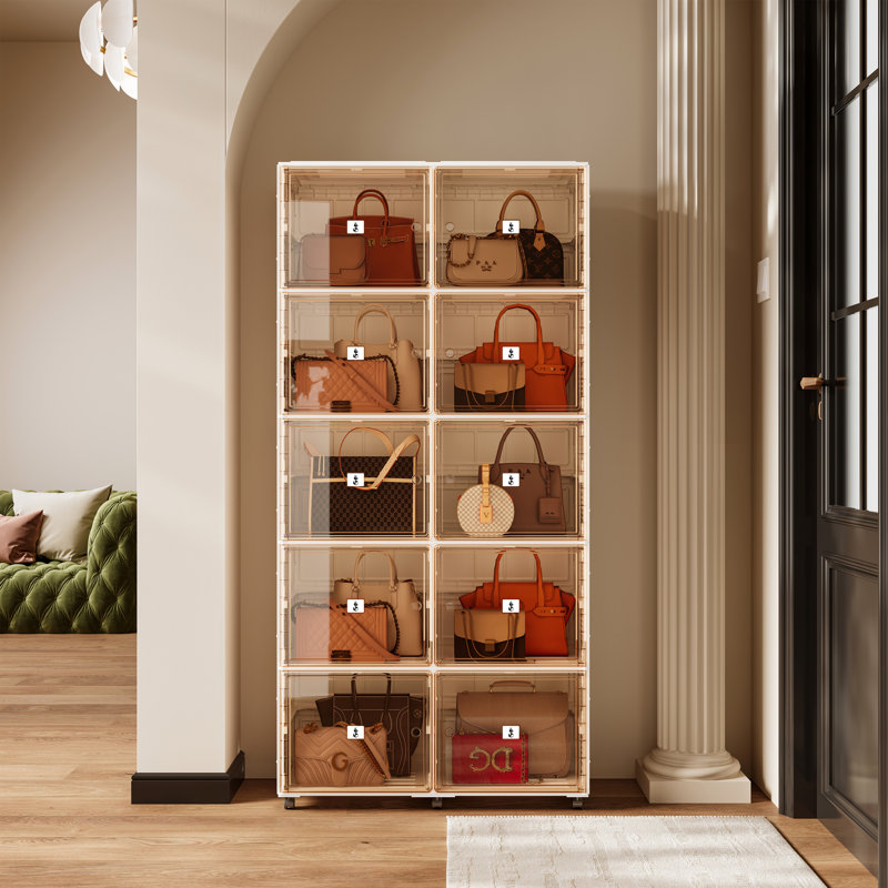 Freestanding Modular Handbag Storage Cabinet with Clear Display Doors and Rolling Base, Foldable Closet Organizer for Bags and Accessories – 6 Cubbies