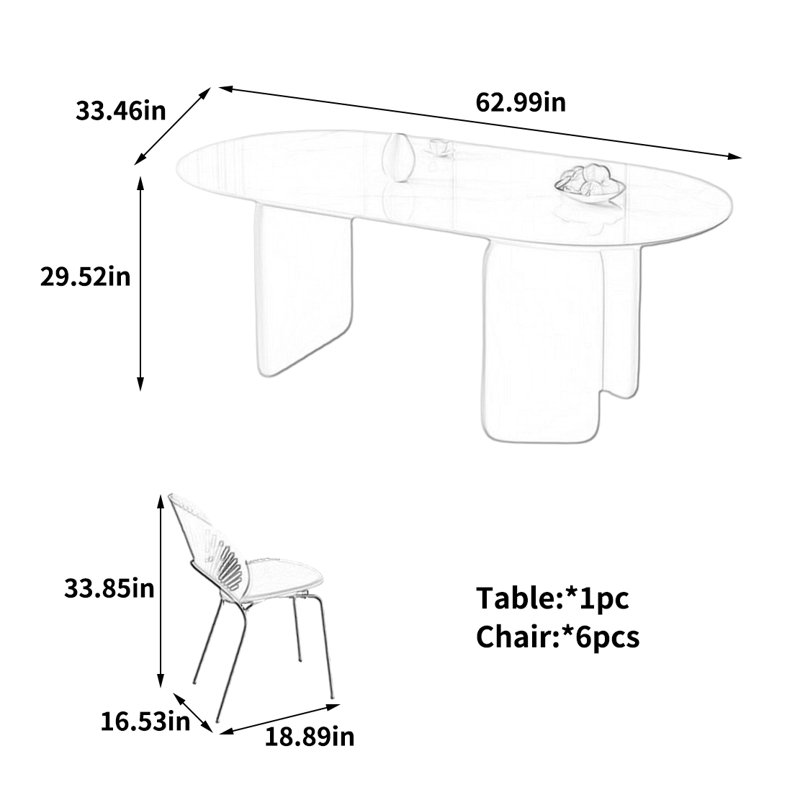 Table de salle à manger française unique, 7 pièces : table, 6 chaises, 29.52"H x 62.99"L x 33.46"W