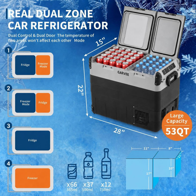 Congélateur portable 53QT à deux zones, réfrigérateur de voiture avec contrôle APP, compresseur à refroidissement rapide pour camping, camion, véhicule récréatif, maison