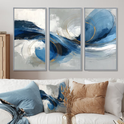 Abstract Swirl In Blue And White Tones  - Line Art Wall Art Set
