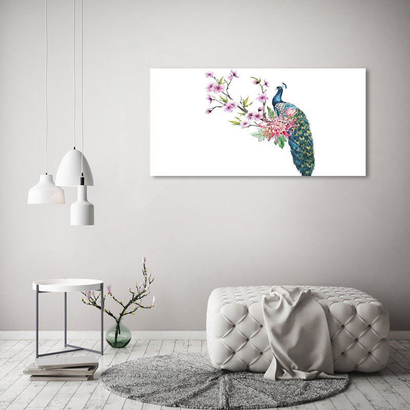 Peacock And Flowers - Wrapped Canvas Print