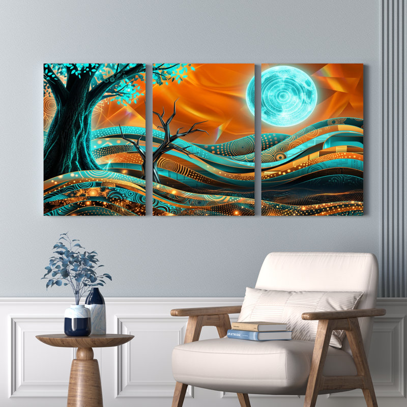 Ensemble de 3 tableaux sur toile représentant un paysage abstrait d'arbre et de lune, H 36 po x l 72 po