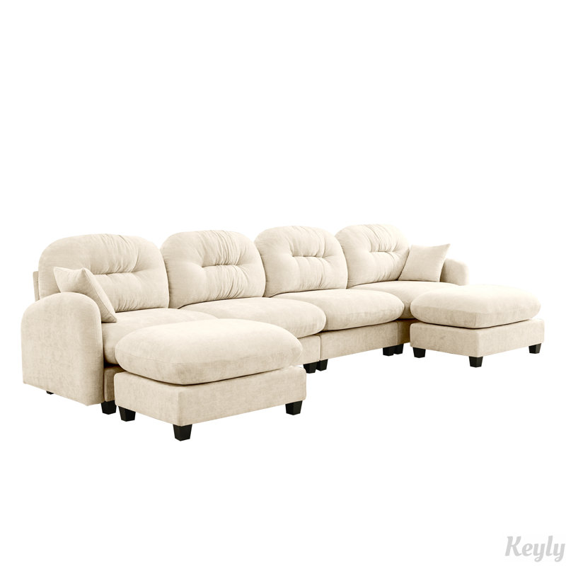 Causeuse 140 po à dossier capitonné en tissu chenille avec 2 repose-pieds, mousse haute densité facile à installer, Beige