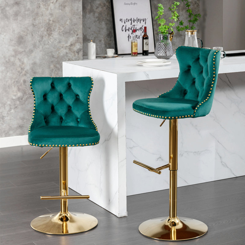 Tabouret de bar pivotant en velours doré épais réglable de 27 à 35 po, tabouret de bar moderne 2 pièces, Vert