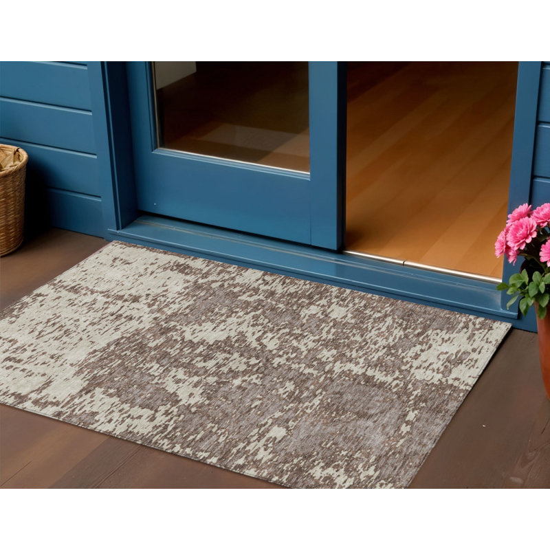 3' X 5' Brown And Ivory Abstract Washable Indoor Outdoor Area Rug