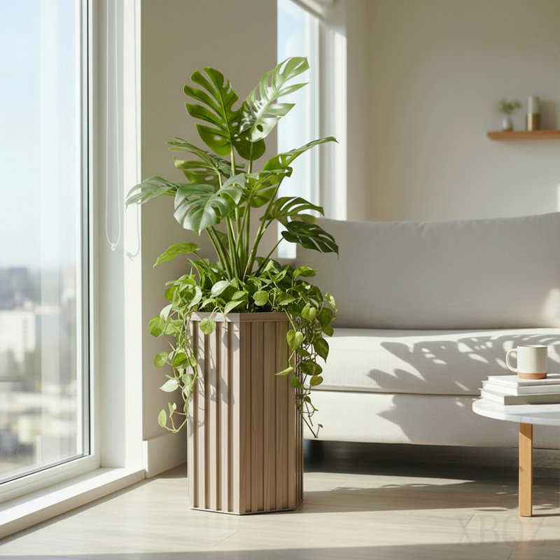 Hexagon Column Planter Md - Ash Brown, Ash Brown, 22.25" H x 13.5" W x 11.75" D