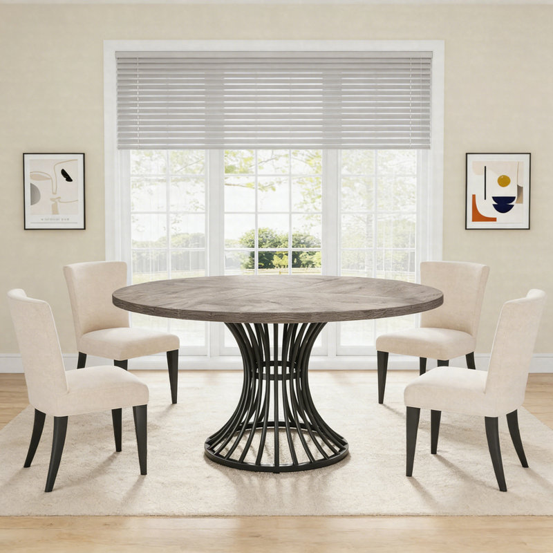 Table de salle à manger de style campagnard rond de 47 pouces avec base en sablier, finition en bois gris pour les intérieurs rustiques modernes