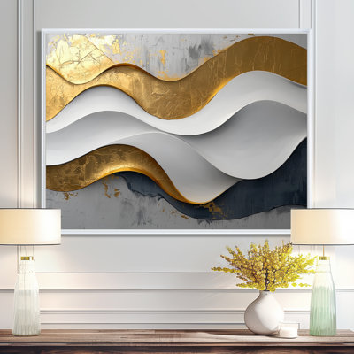 Oplis vagues abstraites d'introspection en or et blanc VI - art mural abstrait de vagues modernes pour le salon