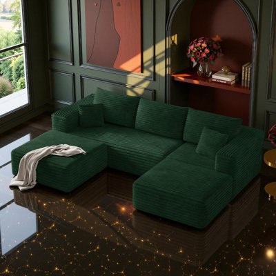108" Sectional Boneless Couch for Living Room,Modern Modular Cloud Couch with Deep Seat,Upholstered Sleeper Sofa with 2 Ottoman,Convertible Folding Couches,No Assembly (Green)