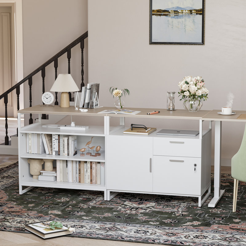 Normandie 66.1'' W Height Adjustable L-Shaped Standing Desk with and Cabinet, White