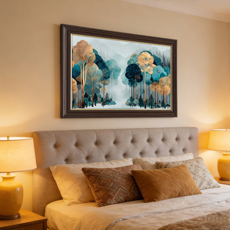Art mural antique sur toile encadré doré pour le salon, la chambre à coucher, le bureau ou le vestibule - Décoration murale décorative avec paysage forestier