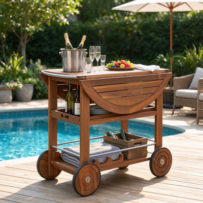 Solid Acacia Wood Rolling Bar Cart, Indoor Outdoor Serving Cart with Drop Leaf, Lockable Wheels & Wine Rack, Teak