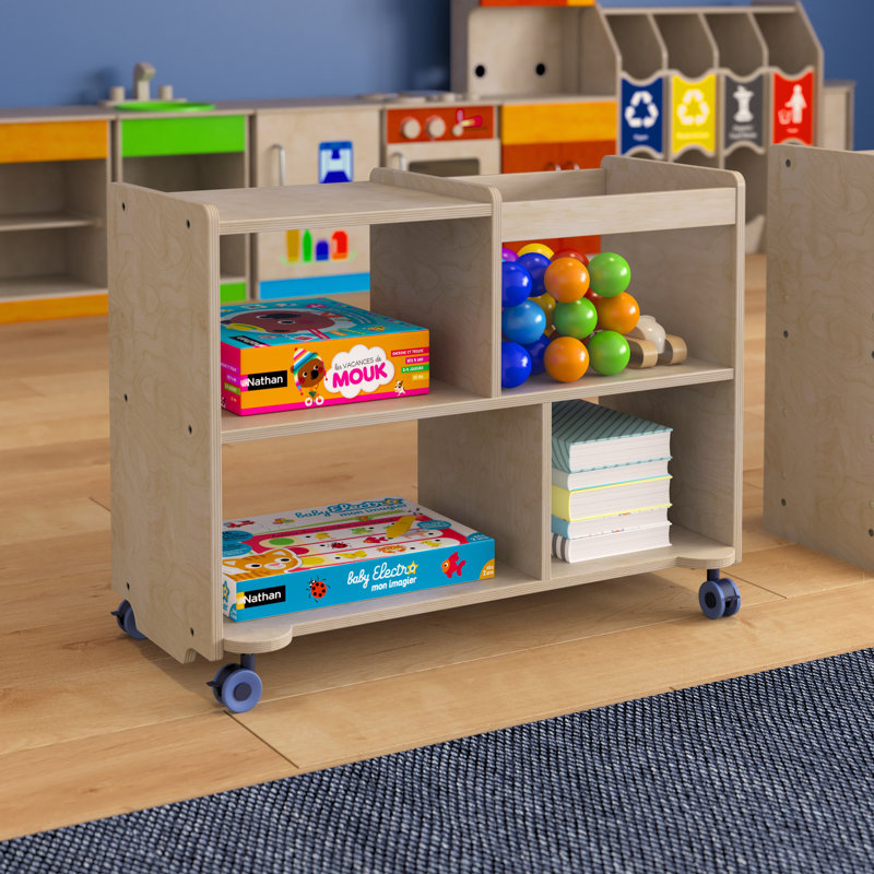Chariot de rangement mobile en bois avec compartiments, bacs et roulettes Bright Beginnings
