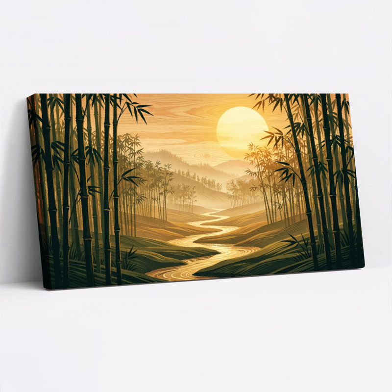 Ensemble de 1 tableau sur toile tendue représentant un paysage de coucher de soleil dans une forêt de bambous, 5828
