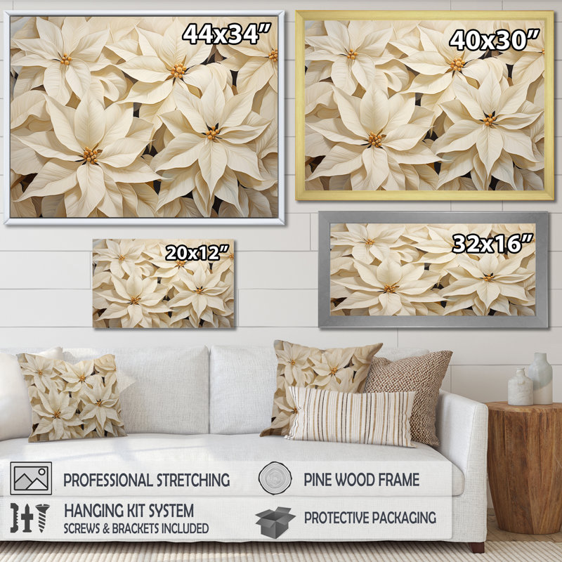 Éclat de poinsettia beige sur toile, Cadre photo doré simple, H 34 po x l 44 po x P 1,5 po