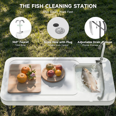 45" Folding Fish Cleaning Table with Sink & Grid Racks, HDPE Plastic Top with Steel Frame, Fish Cleaning Station for Camping, Picnic, Backyard