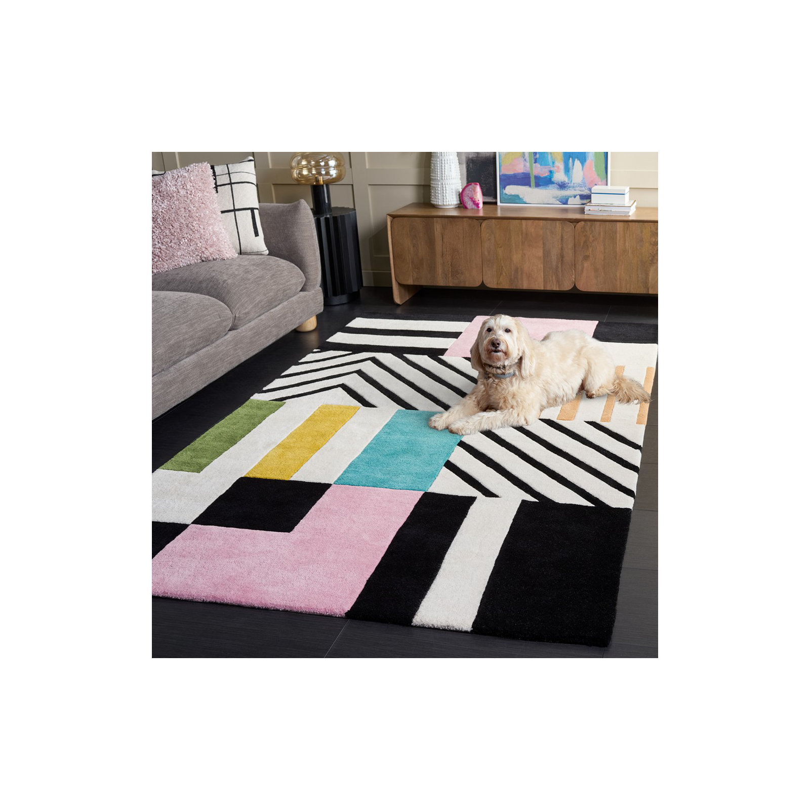 Tripoli Hand Tufted Wool Ivory/Black/Pink Rug, Rectangle 5' x 8'