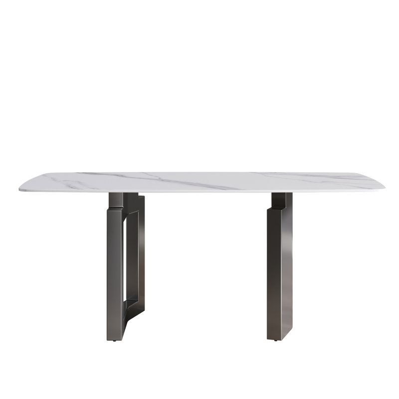 Bureau de salle à manger moderne en pierre frittée blanche de 72,07 po, base en métal, 6 à 8 places, pour les produits chimiques et les taches, facile à nettoyer, garde les pieds de table hygiéniques et impeccables, s'adapte à 6 à 8, impact, chaleur propre