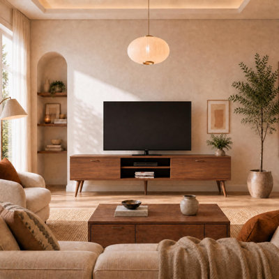 Juback 71'' Wide Mid-Century Modern TV Stand for TVs up to 80'', Entertainment Center with Cable Management, Walnut Wood Finish