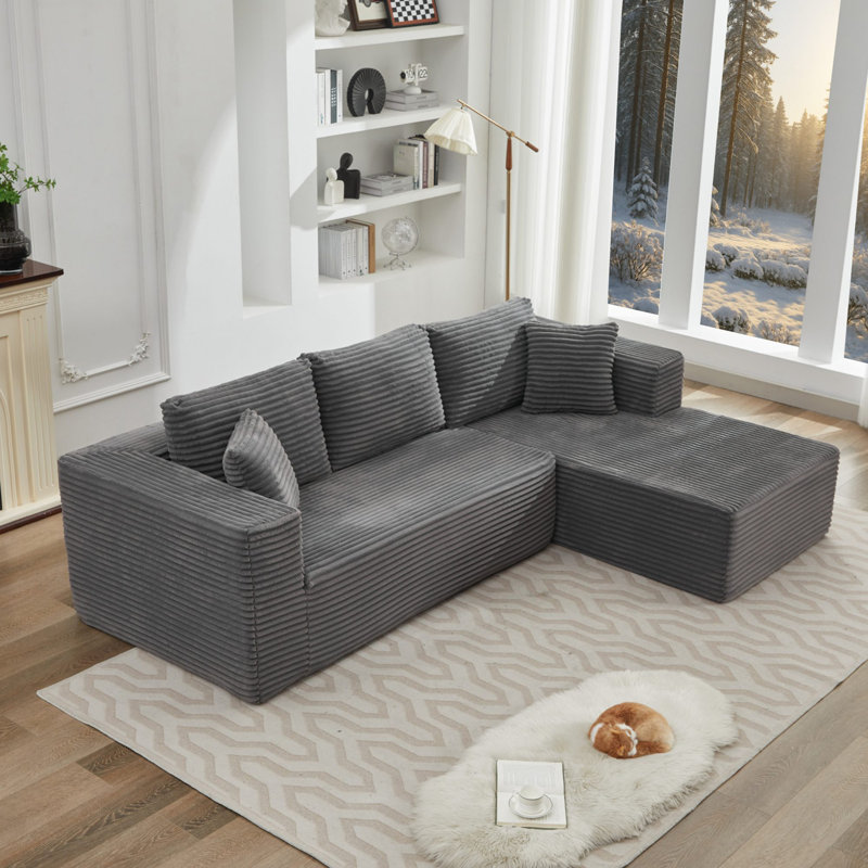 Coist Boneless L-Shaped Corduroy Sectional Sofa with Chaise & Pillows, Right Hand Facing, Gray Corduroy