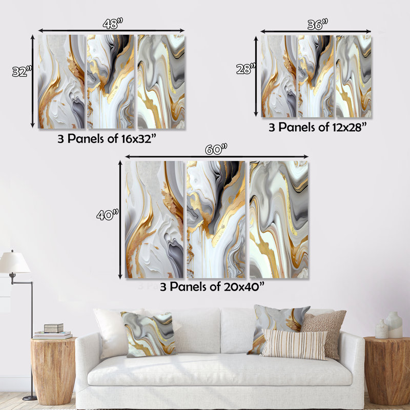 «White and Gold Marble Abstract I», reproduction sur toile 3 pièces, H 40 po x l 60 po x P 1 po