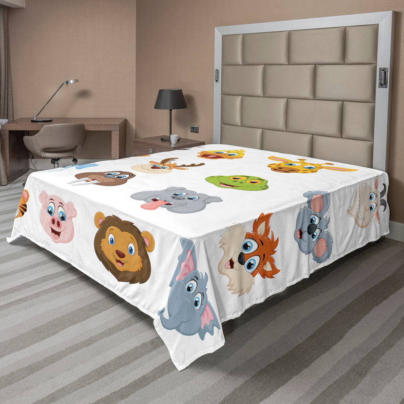 Ambesonne Colorful Top Flat Sheet Comic Koala Fox Faces Multi, California King Flat Sheet