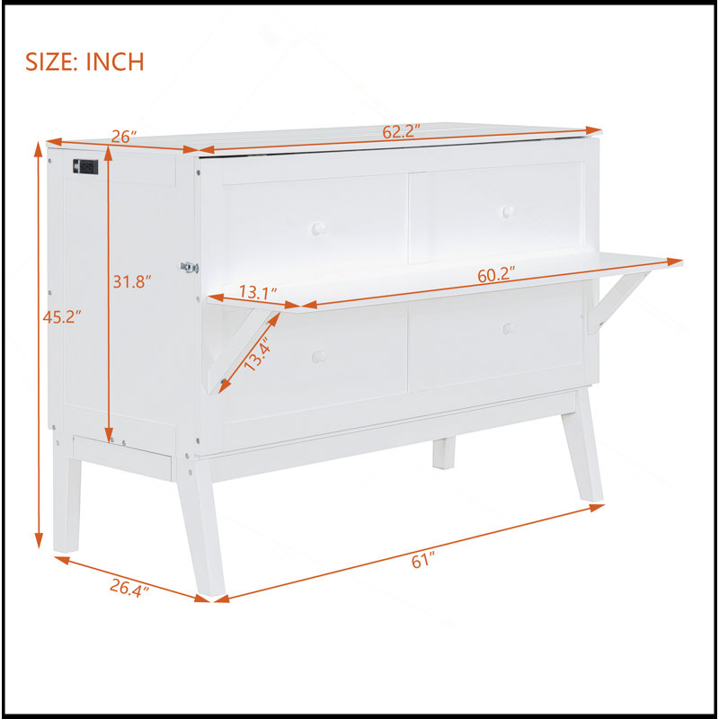 Lit escamotable avec port USB et tablettes amovibles de chaque côté, blanc, Grand lit