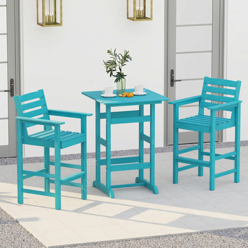 Ensemble de bar de patio en PEHD 3 pièces avec table carrée, plateau et repose-pieds pour véranda turquoise