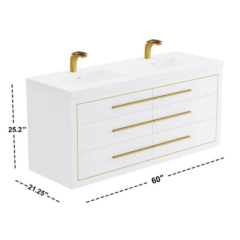 61 " W 1 Single Double Vanity Bathroom Vanity With Solid Surface Top, White, Brass
