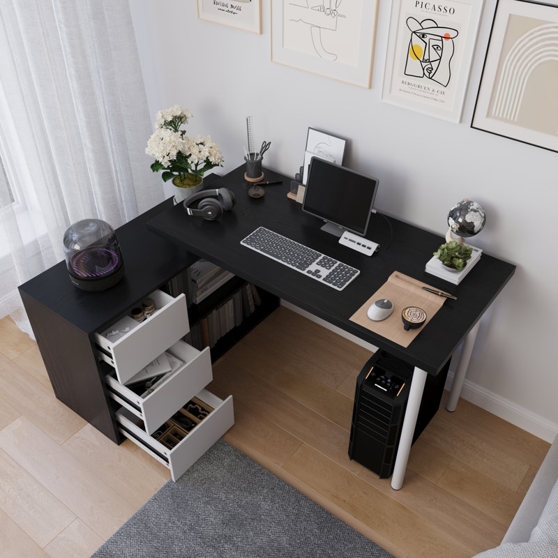Bureau d'ordinateur en forme de L Shalonda avec 3 tiroirs et 2 tablettes, petit bureau en coin, Noir / Noir
