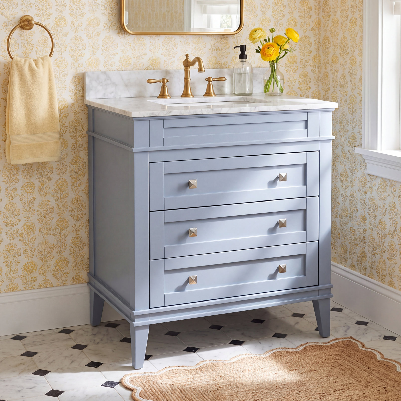 30 " Pine Single Bathroom Vanity, Carrara Marble, Powder Blue
