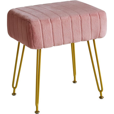 Velvet Rectangular Footrest Stool Ottoman, Makeup Vanity Stool Side Table, Velvet Dressing Table Seat, Pouf Couch Stool, Golden Steel Legs, Pink by Mercer41