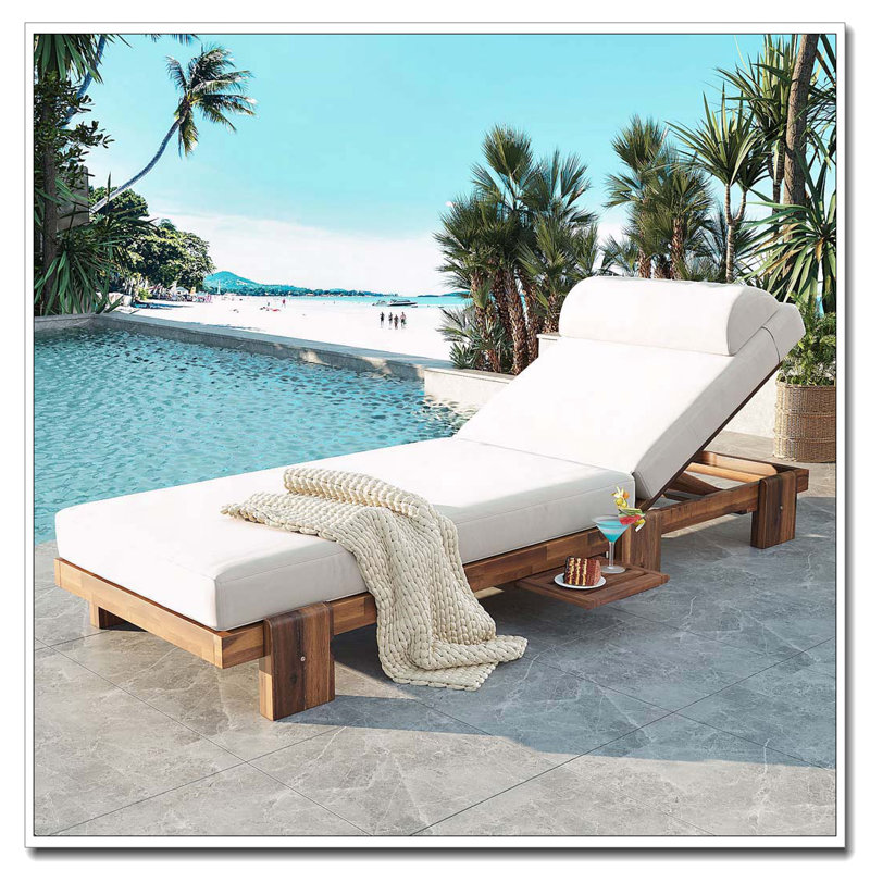 Acacia Wood Chaise Lounge Chair with Adjustable Backrest, Retractable Side Tray, and Headrest, Beige