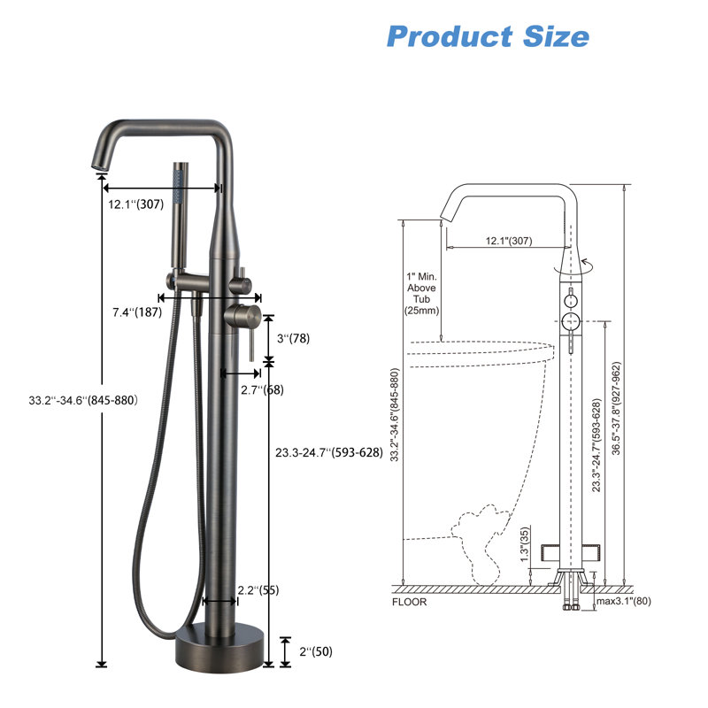 Double Handle Floor Mounted Freestanding Tub Faucet With Handheld Shower In Antique Bronze, Antique Bronze