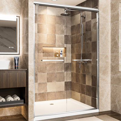 Aluminum Frame Double Sliding Shower Door, 48" Wide, 72" High, 1/4"  6Mm  Tempered Glass With - Shatter Film, Corrosion And Waterproof For Bathroom Use Clear Reversible Installation