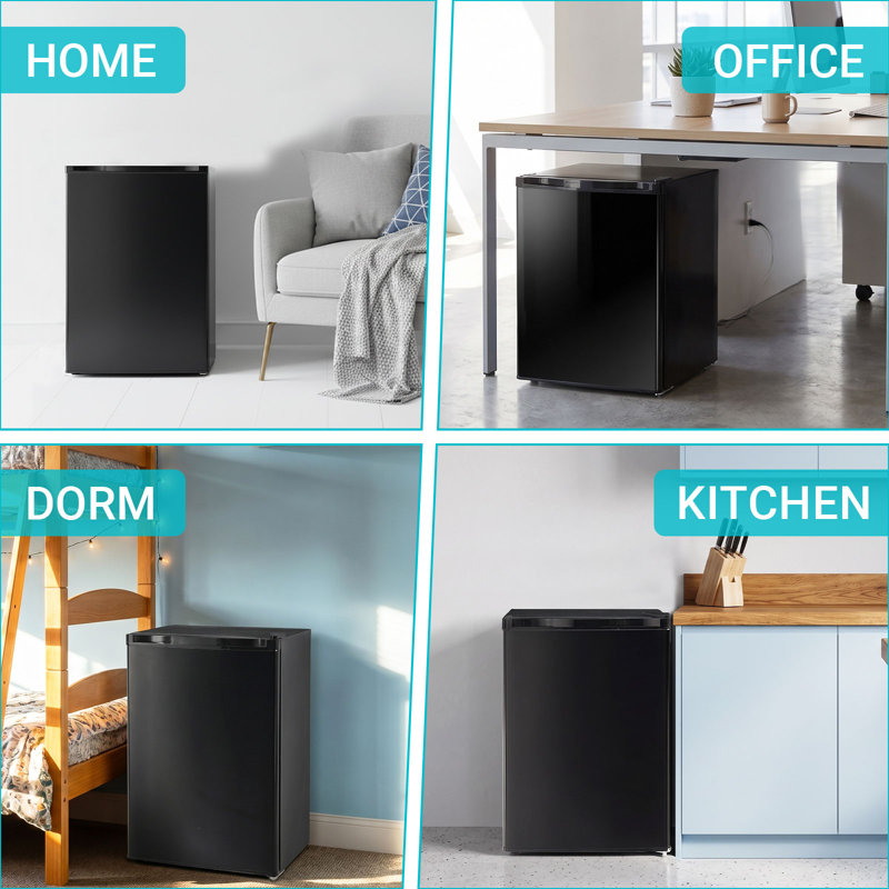 Réfrigérateur dortoir de 2,6 pieds cubes avec congélateur Backid, réfrigérateur compact compact à porte simple réversible, thermostat réglable, 2 tablettes amovibles, petit réfrigérateur pour chambre à coucher, bureau, cuisine, dortoir, noir