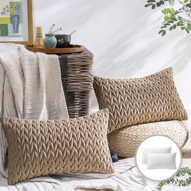 Velvet Quilted Throw Pillows, Braided Textured Decorative Cushion, Rectangle 12"H x 20"W, Light Brown