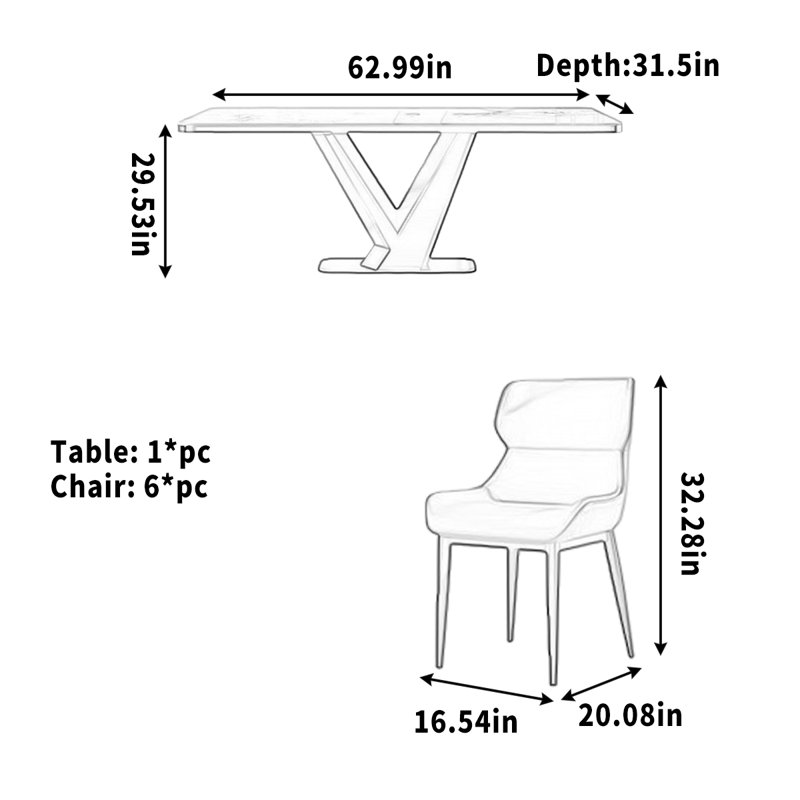 Table de salle à manger rectangulaire, 7 pièces : table, 6 chaises, H 29,53 po x l 62,99 po x P 31,5 po