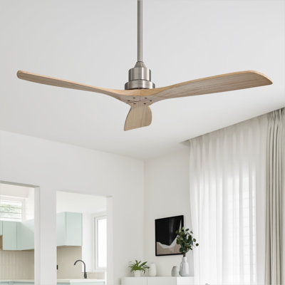 Ventilateur de plafond avec télécommande pour le salon, nickel brossé et bois, pales de 52 pouces, moteur réversible, 6 vitesses