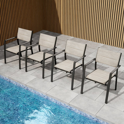 4 Pieces Outdoor Stackable Dining Chairs, Never-Rust Aluminum Stackable Patio Chairs, Patio Dining Chair Set of 4 with Double-Layer Thickened PVC-coated polyester for Deck, Garden, Poolside, Limed Oak