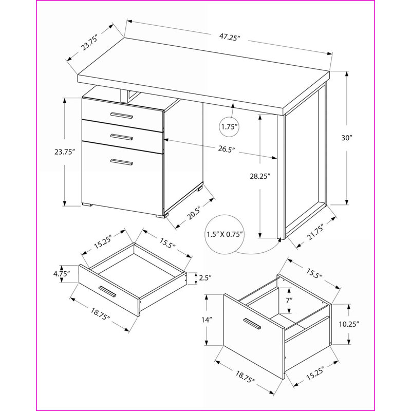 Bureaux: Bureau d'ordinateur moderne de L 48 po avec configuration réversible et rangement, stratifié gris / métal noir | Gris | Panneau de particules