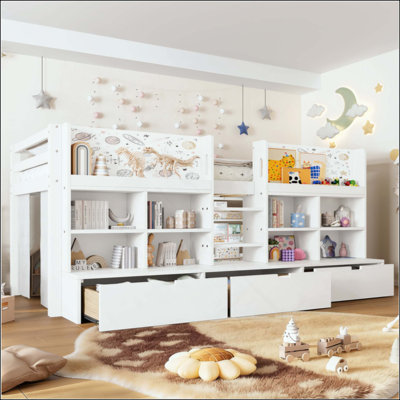 Loft Bed With Multi-Storage Shelves And Storage, Low Loft Bed With Curtain Under The Bed And Chalkboard, No Box Spring Needed