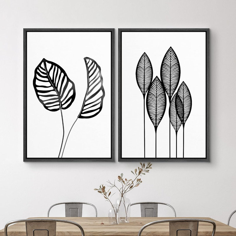 Petit duo de feuilles de forêt, illustrations de plantes florales, art moderne, panoramique, noir et blanc, H 24 po x l 16 po