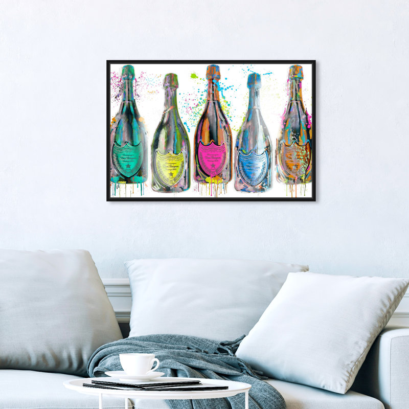 Drinks and Spirits Luminous Party Champagne Day Bottles, impression sur toile, Reproduction avec cadre flottant, Noir