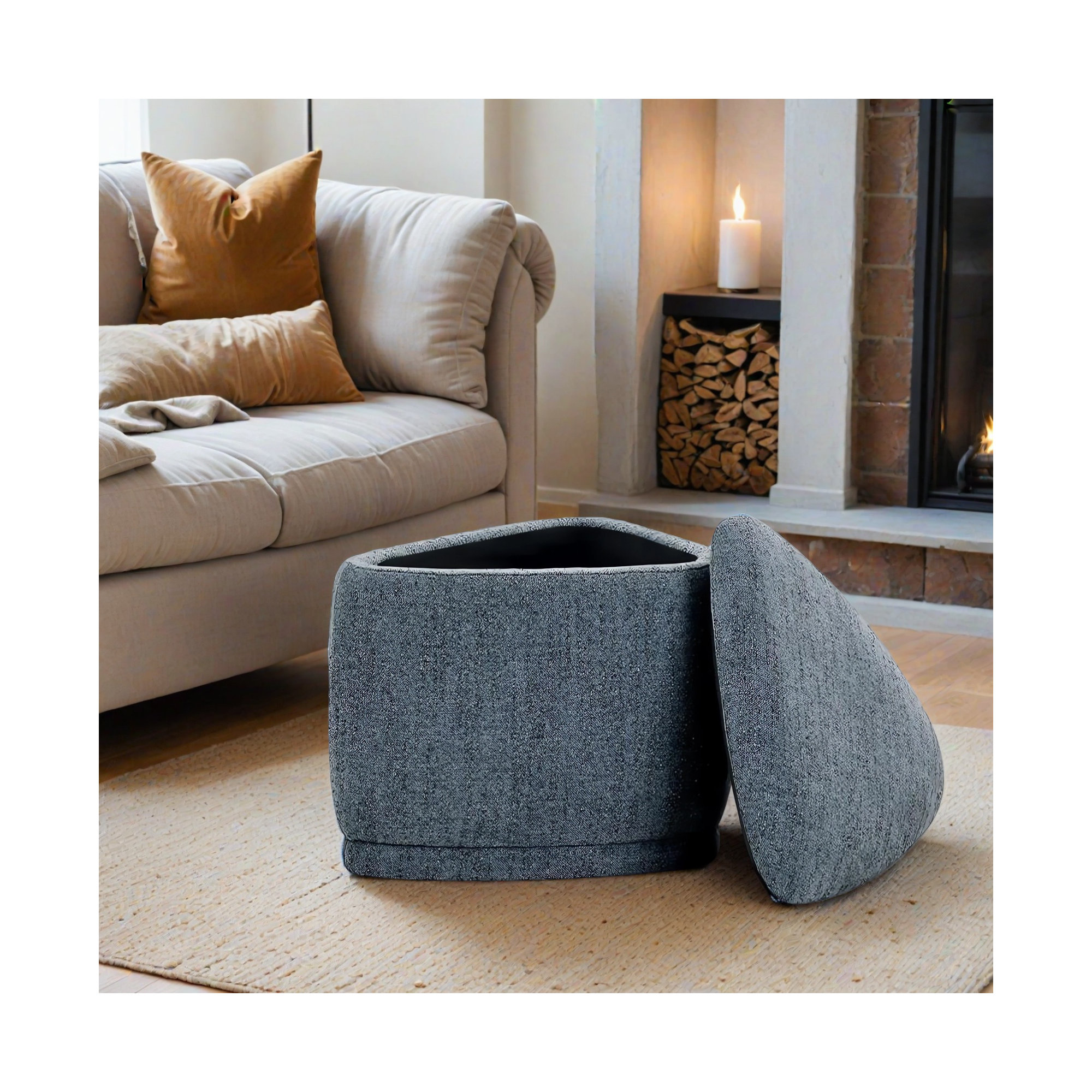 Adna 26.5'' Triangular Upholstered Storage Ottoman, Mellow Steel Blue Chenille